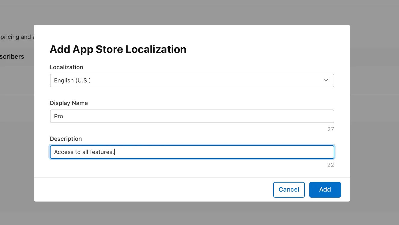 Adding localizations for a subscription
