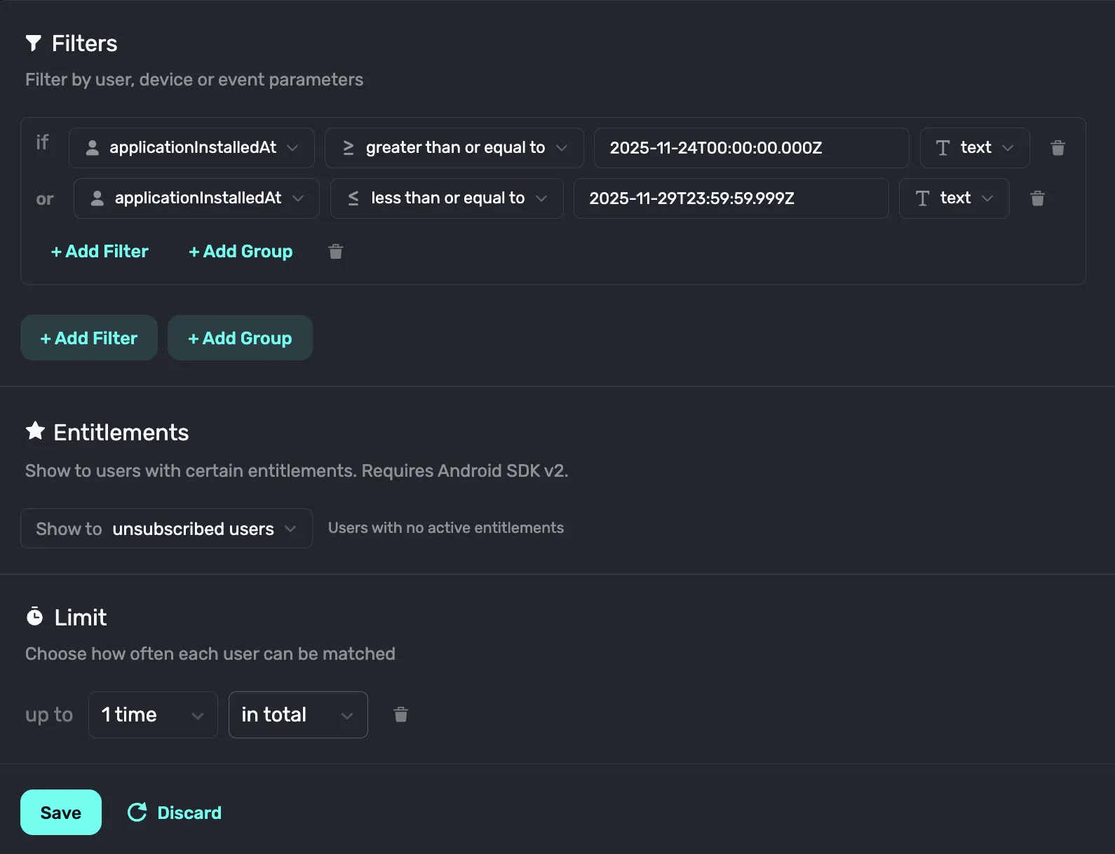 Superwall campaign filter targeting unsubscribed users during the week of Black Friday
