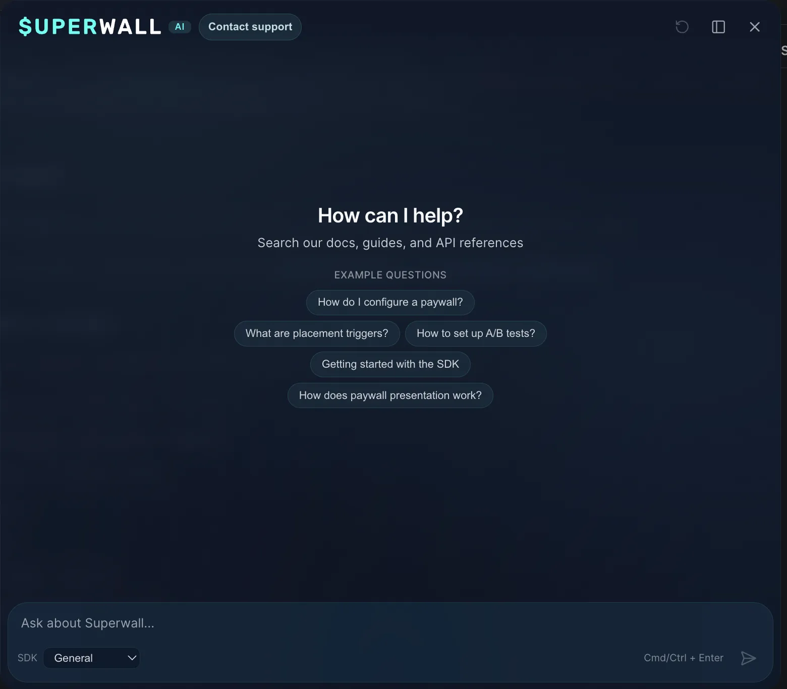 The AI agent open in the Superwall dashboard, answering a question