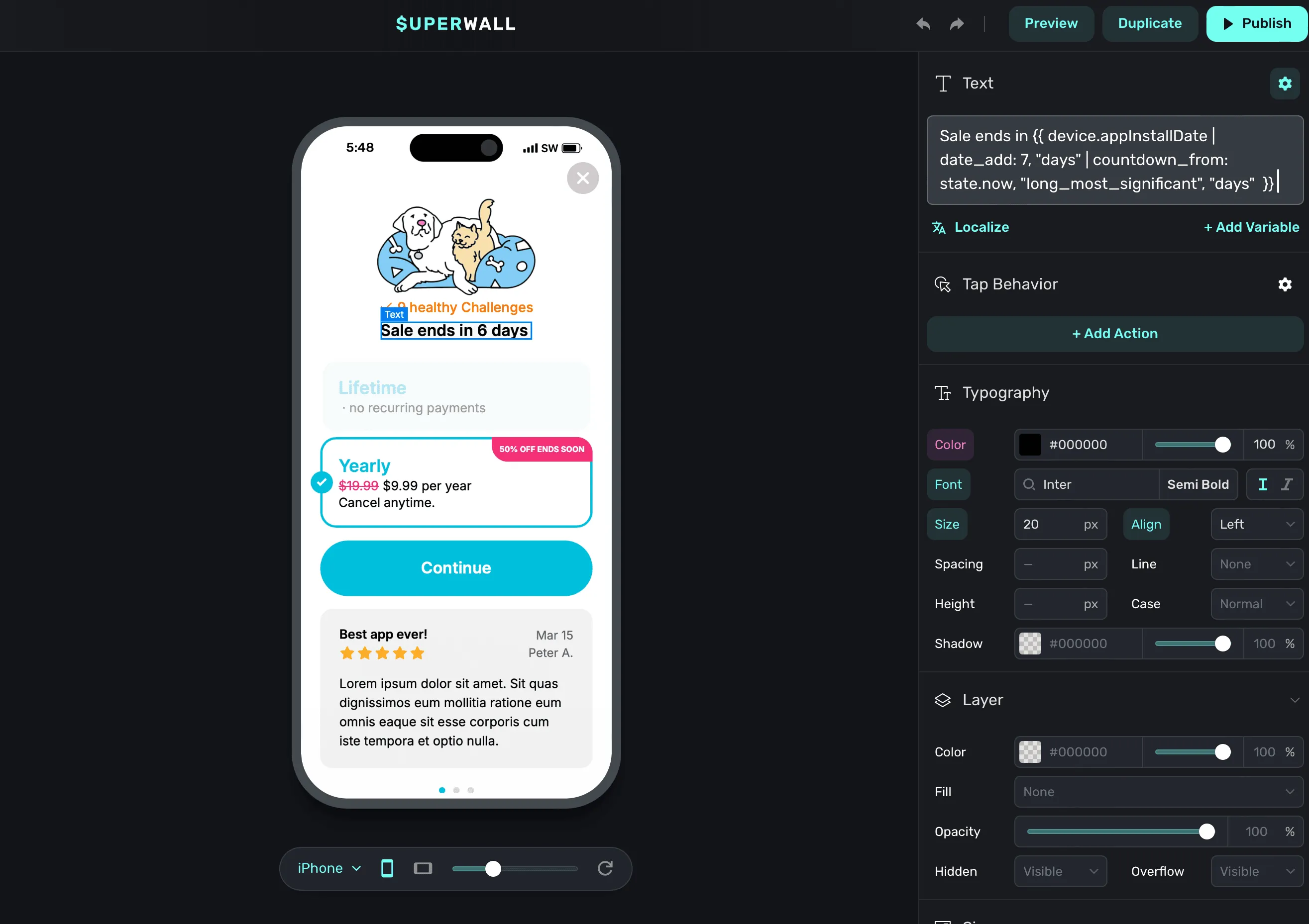 A Superwall paywall with a countdown timer based on the app install date