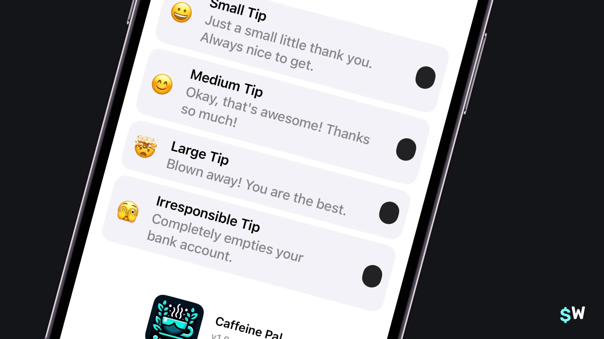 Caffeine Pal tips with no prices showing
