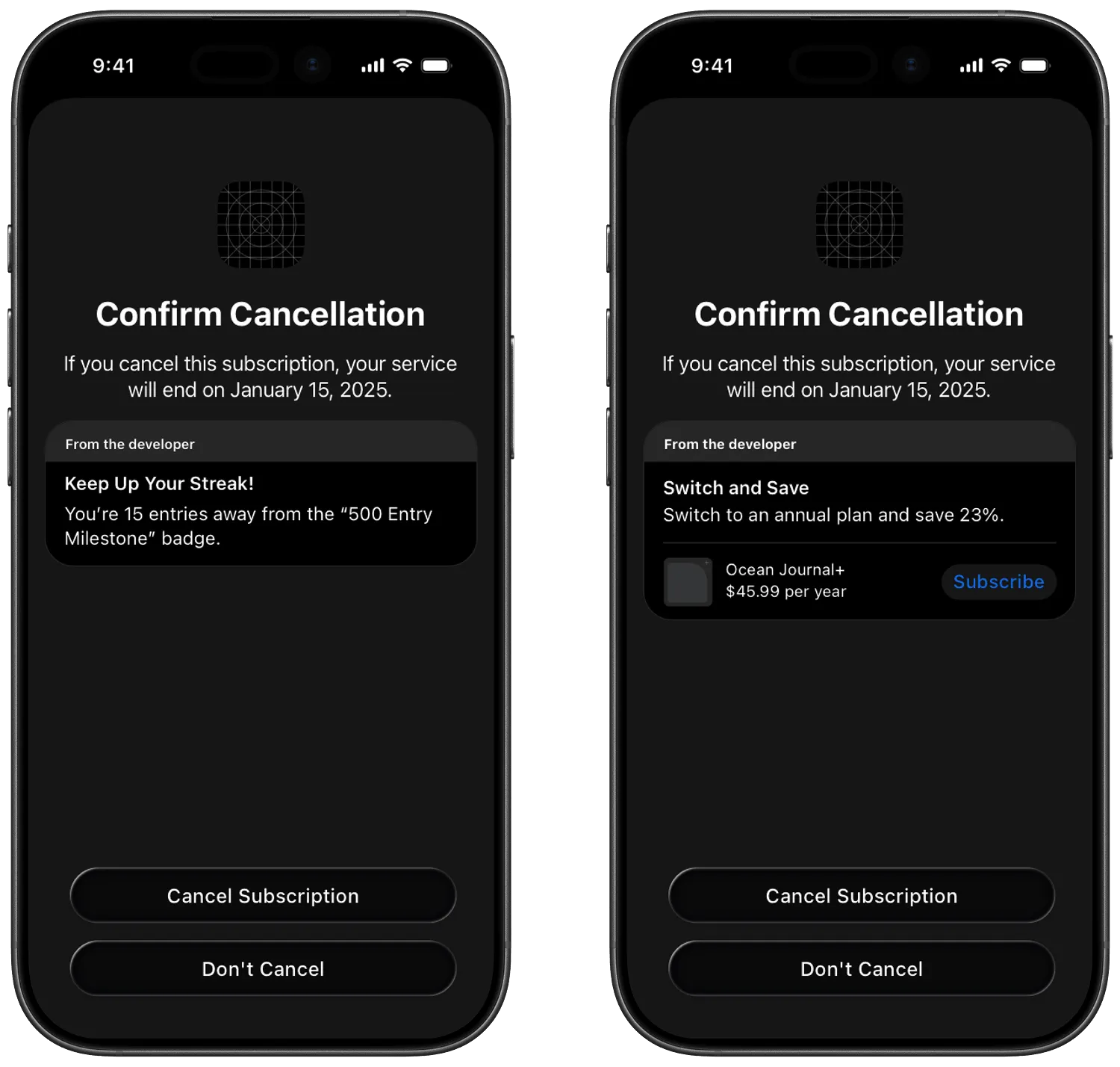 An example Apple retention message shown when a subscriber cancels