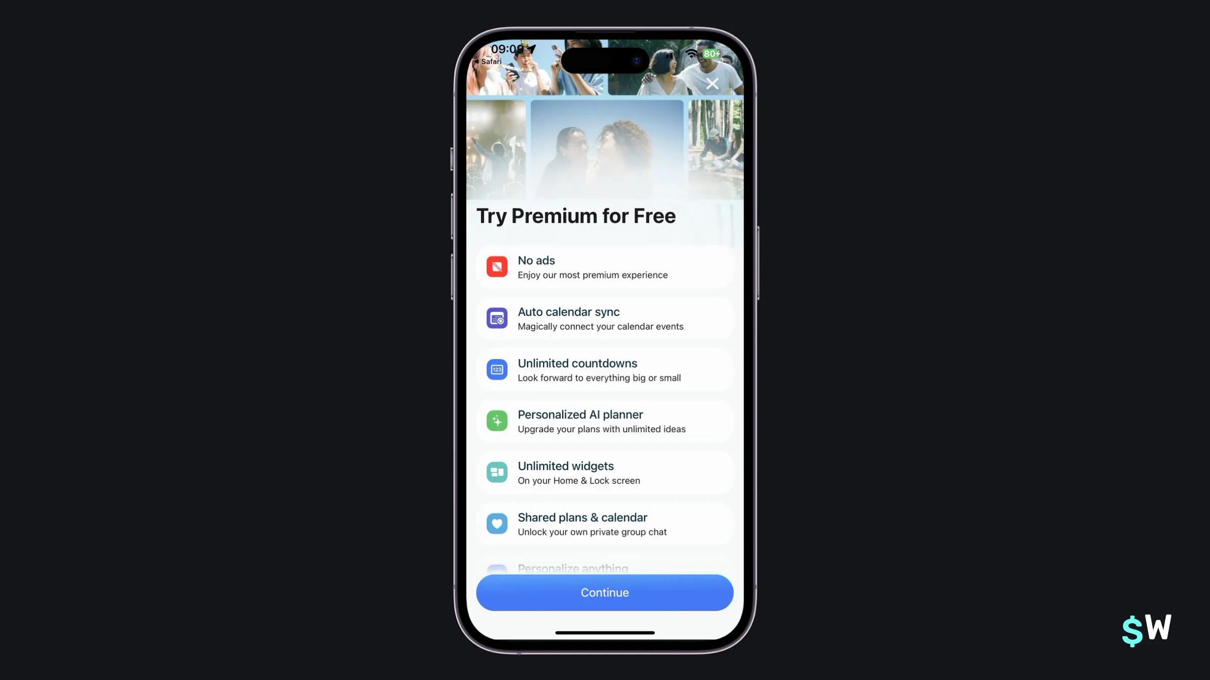 Outside paywall with a clean feature list and bottom gradient
