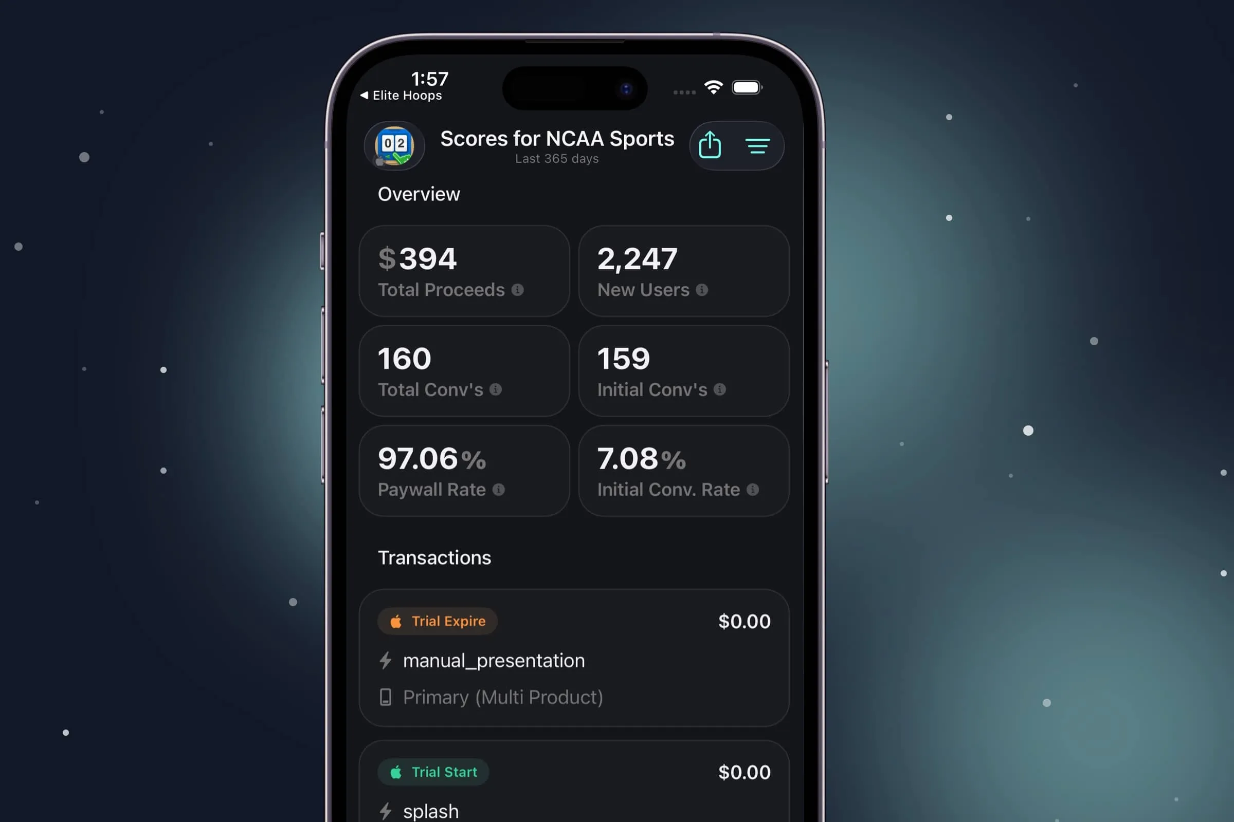 The unified overview and transactions view for an app