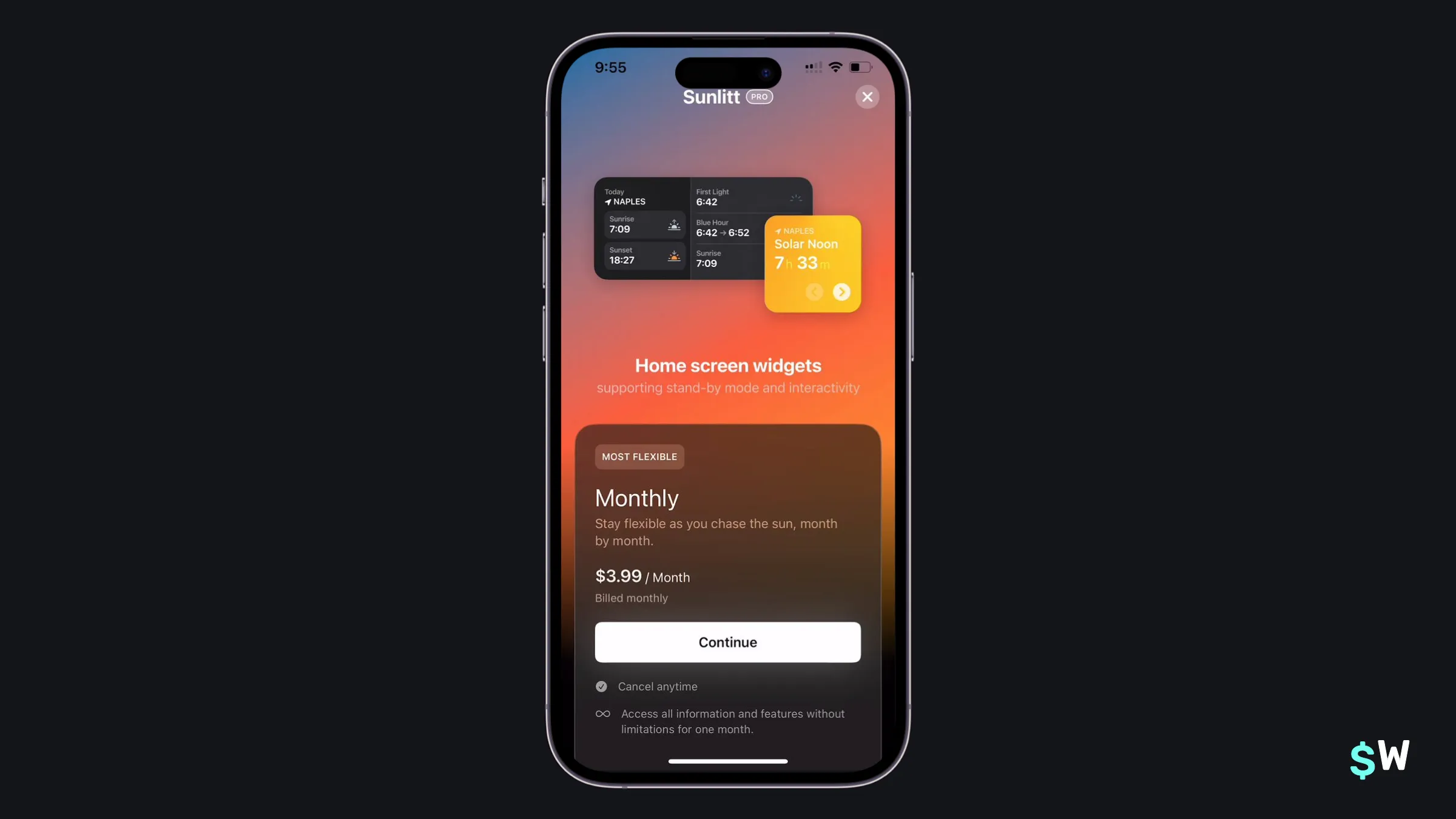 Sunlitt paywall featuring a widget preview
